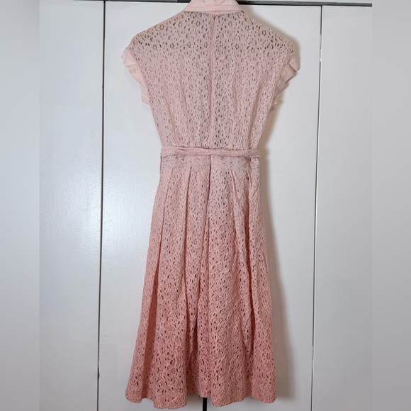 Abbey Glass Pink Lace Midi Dress Small Sheer Belted Collared - Picture 4 of 5